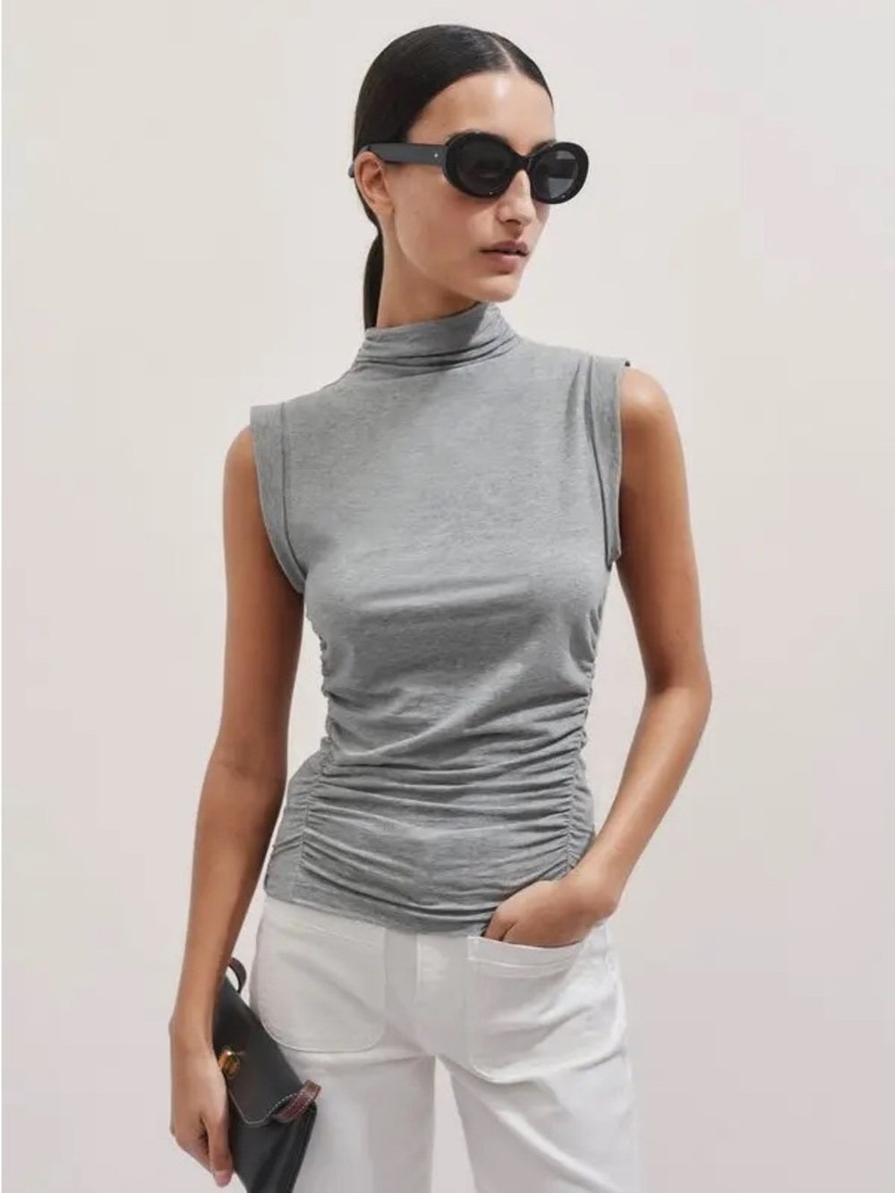 ME+EM Sleeveless Mock Neck Ruched Tank in Light Gray - Sz Medium - NWOT